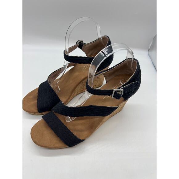 Women's Black Weave/Cork Toms Clarissa Strappy Peep Toe Wedge Sandals Size 10 - Picture 8 of 9